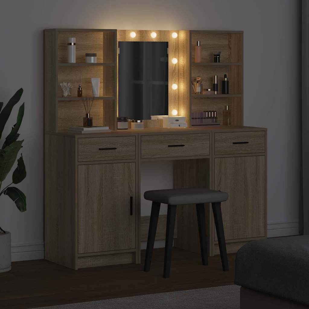 Schminktischset mit LED mit Schubladen 3 pcs Weiß Holzwerkstoff