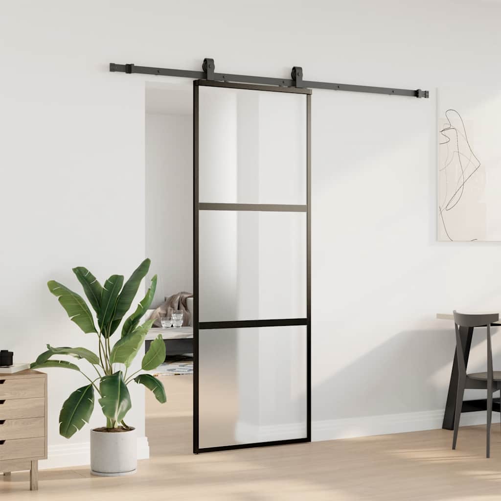 Schiebetür mit Beschlag Schwarz 76x205 cm Hartglas