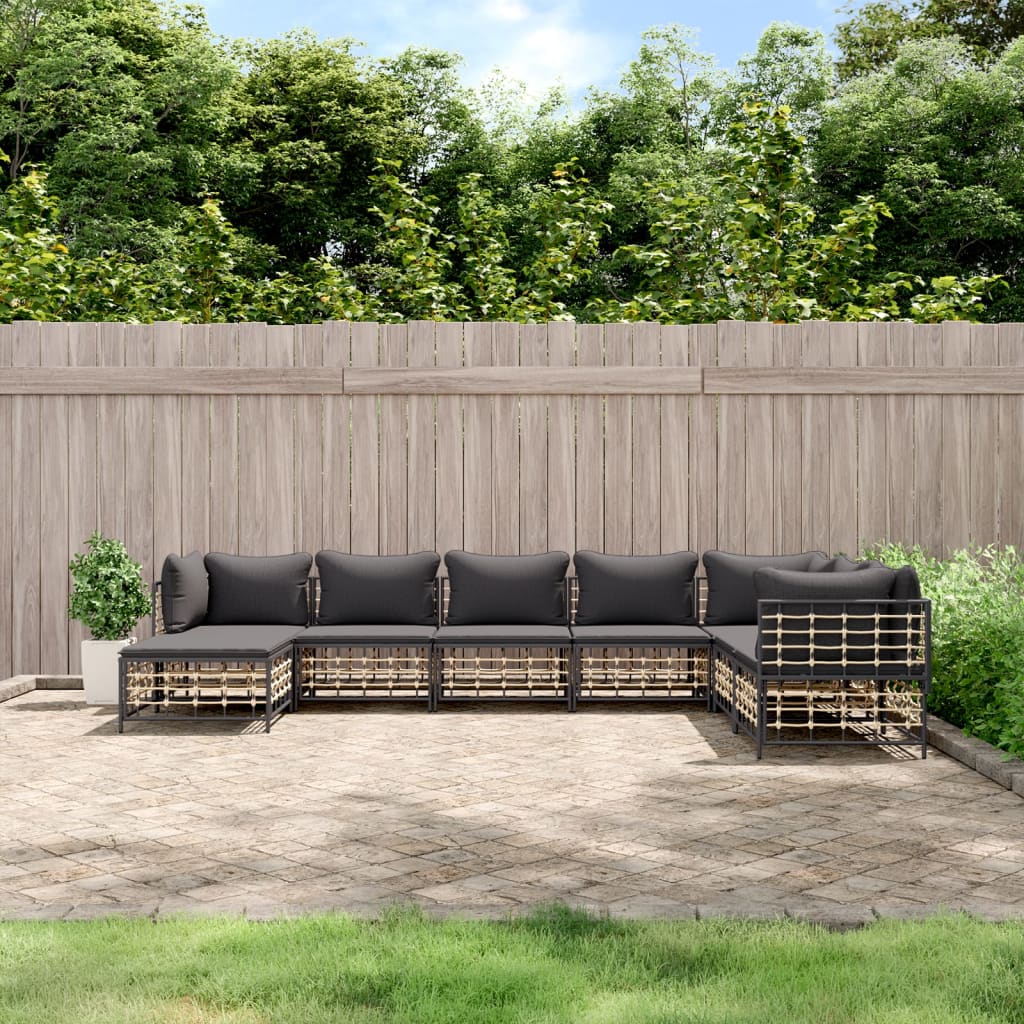 7-tlg. Garten-Lounge-Set mit Kissen Anthrazit Poly Rattan