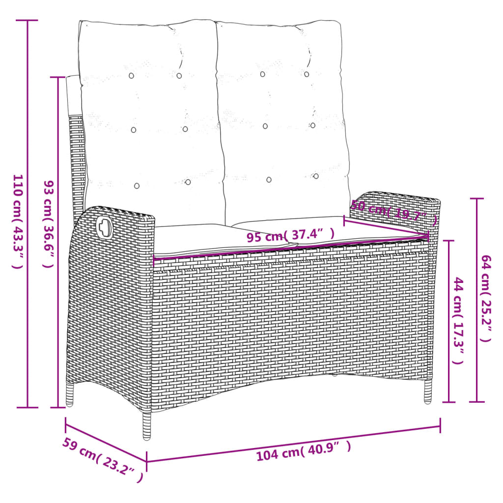 Gartenbank Verstellbar mit Kissen Schwarz Poly Rattan