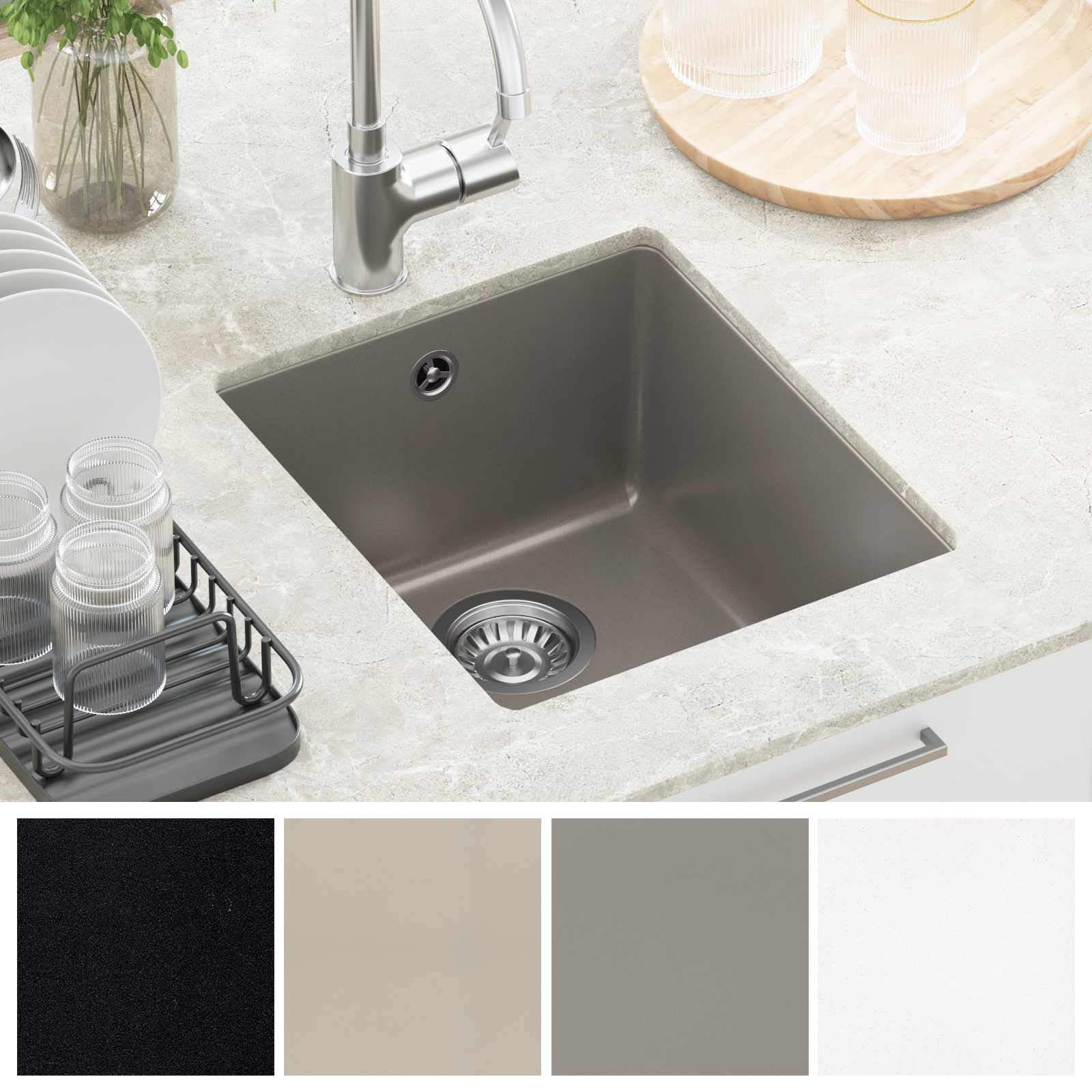 Waschbecken Schwarz 370 x 460 mm 80% Quarz und 20% Harz