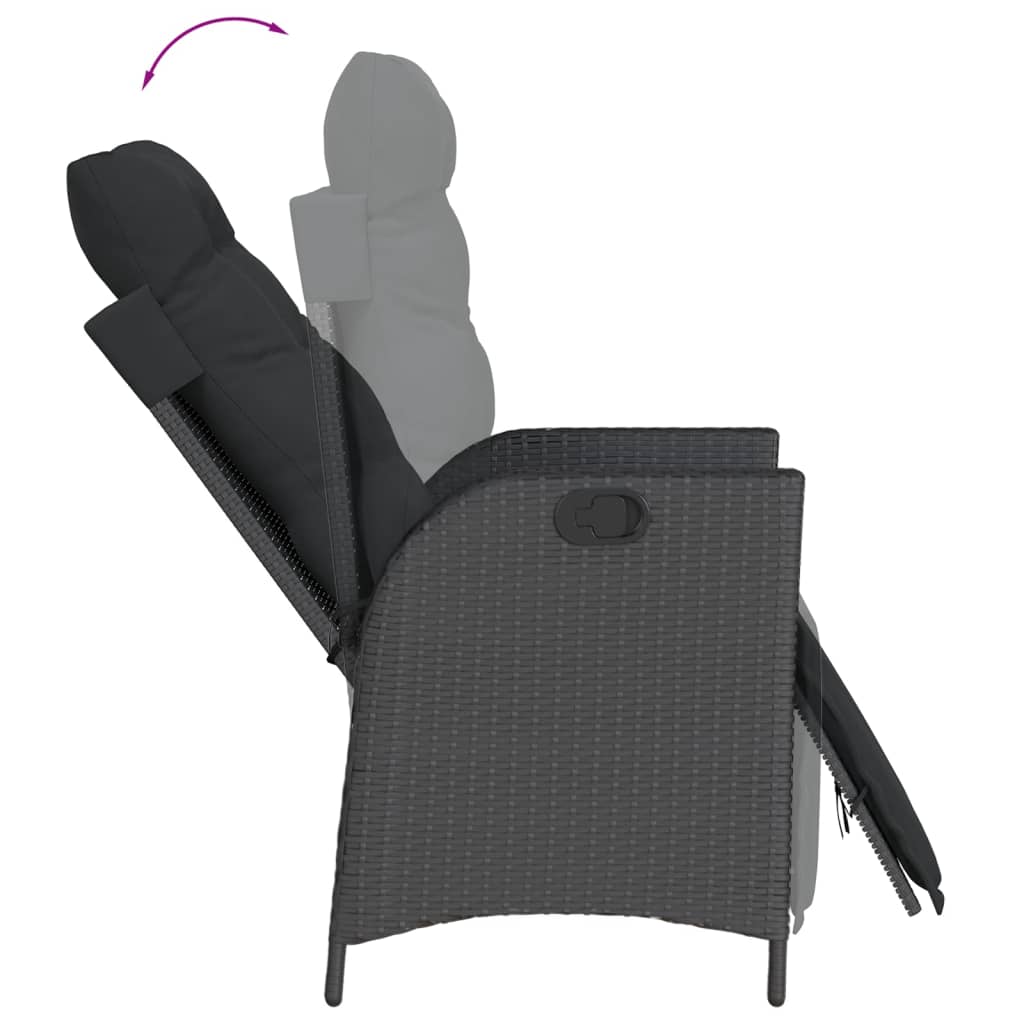 Gartensessel Verstellbar mit Kissen Schwarz Poly Rattan