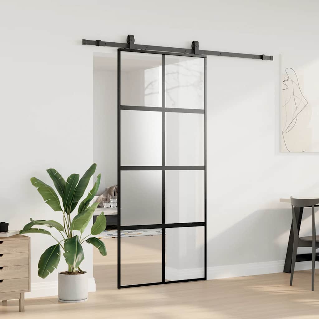 Schiebetür mit Beschlag Schwarz 76x205 cm ESG-Glas