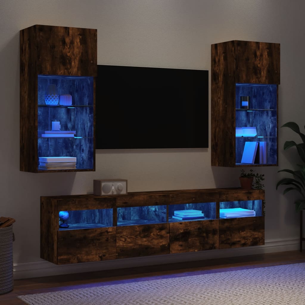5-tlg. Wohnwand mit LED-Beleuchtung Weiß Holzwerkstoff