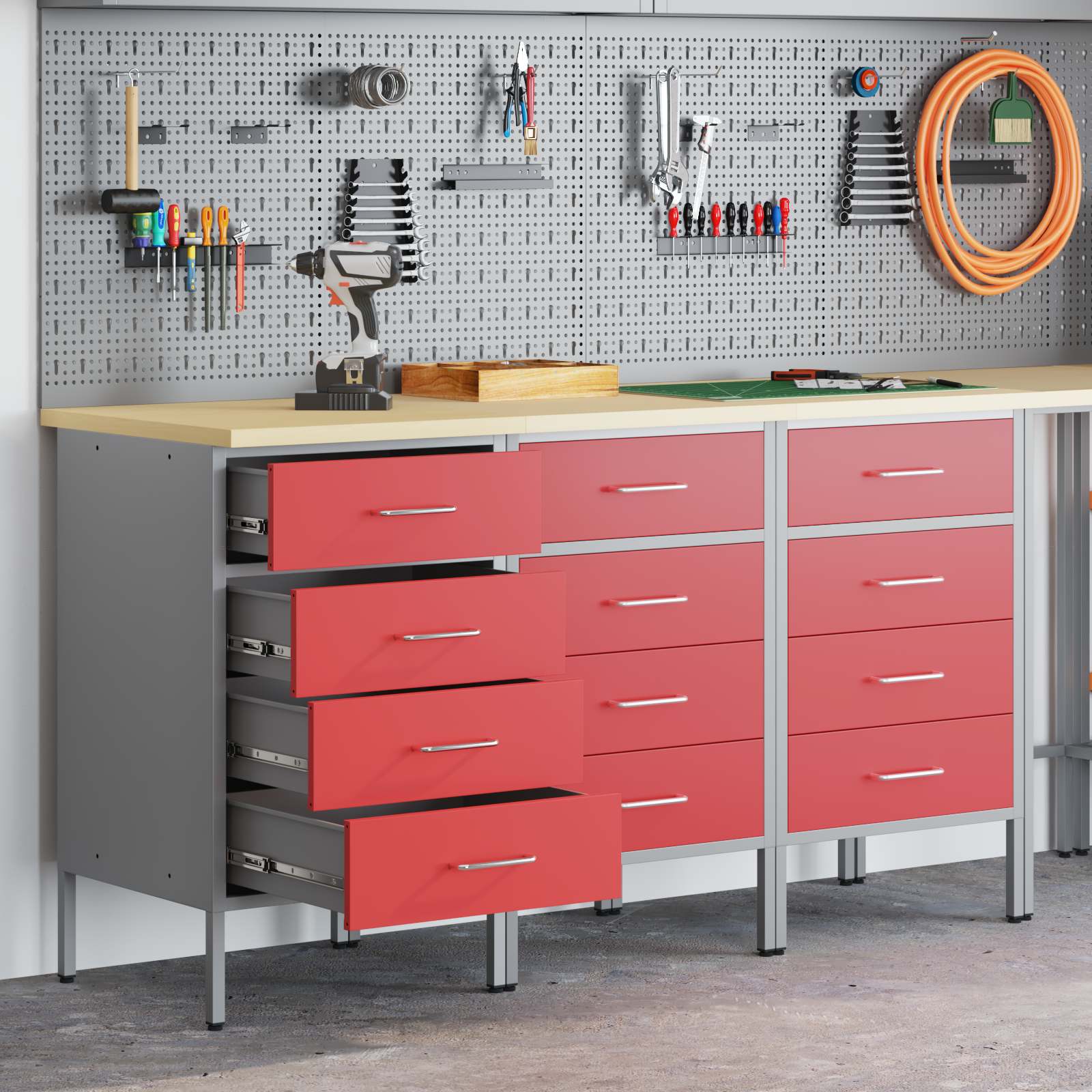 Werkbank mit Schubladen 2 pcs Rot und Grau 100 x 55 x 85 cm