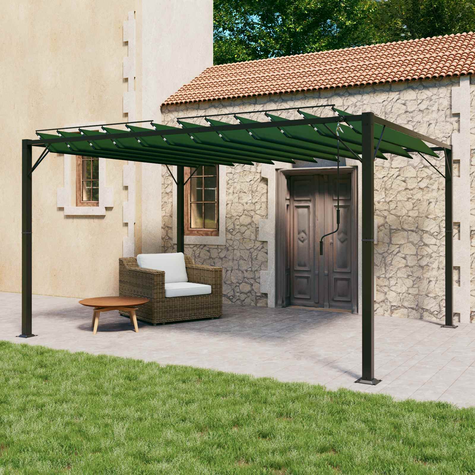 Pergola mit Lamellendach 3x3 m Creme Stoff und Aluminium