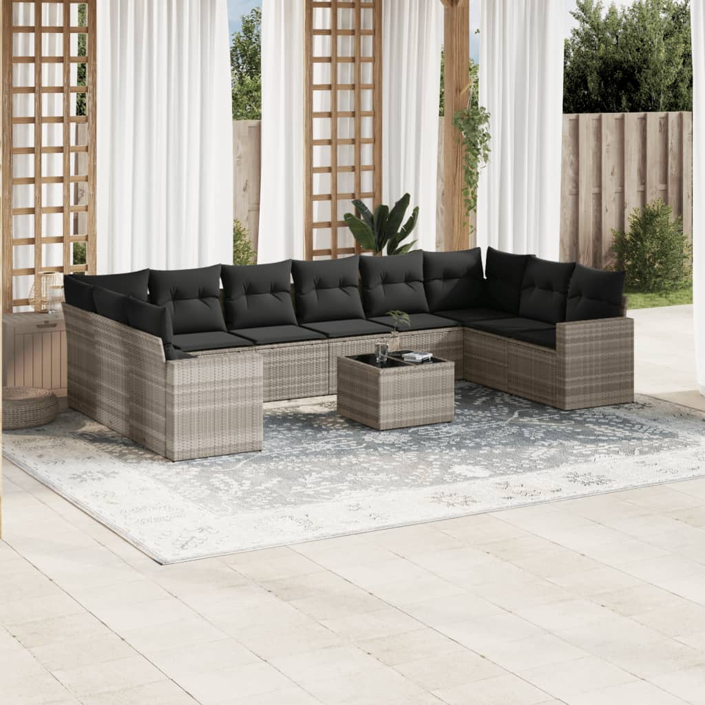 10-tlg. Garten-Sofagarnitur mit Kissen Schwarz Poly Rattan