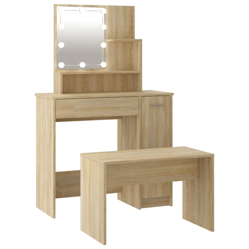 Schminktisch-Set mit LED Weiß Holzwerkstoff
