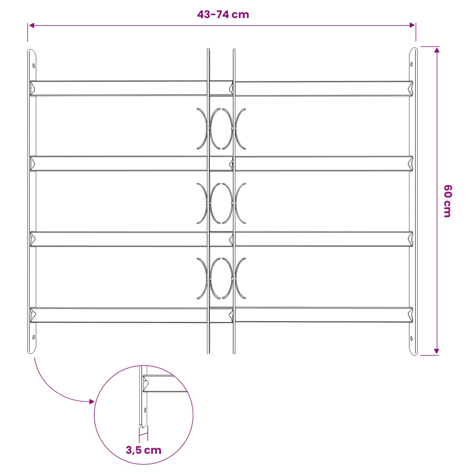 Sicherheitsgitter für Fenster mit 2 Querstangen 43-74 cm