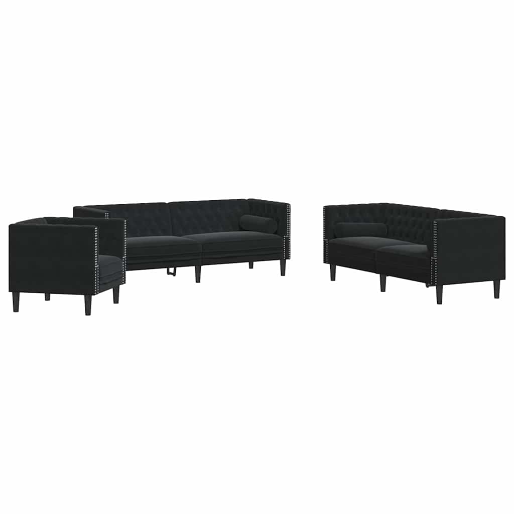 3-tlg. Chesterfield-Sofa-Set mit Nackenrollen Hellgrau Samt