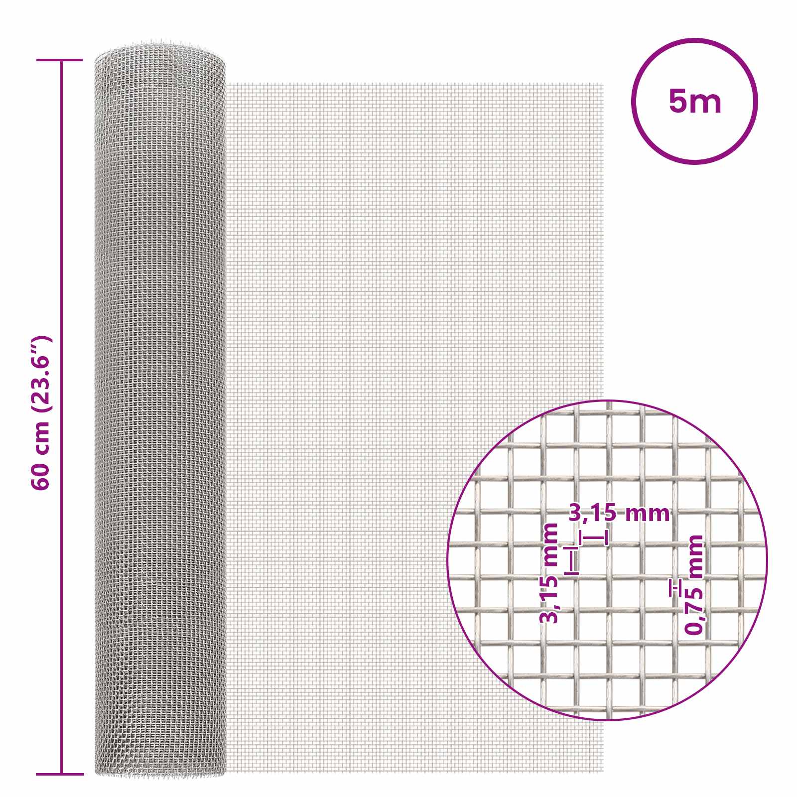 Mesh Bildschirm 20 x 500 cm 20 Mesh Edelstahl 201 Silber