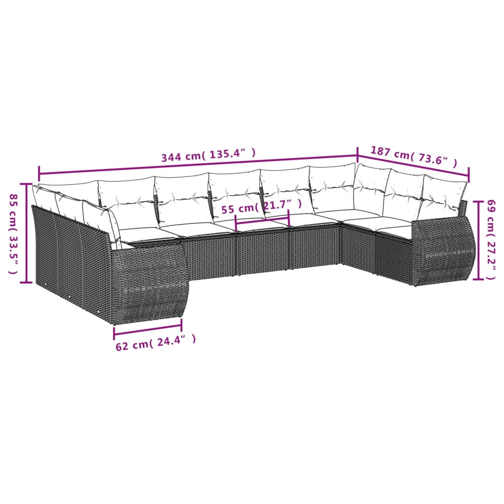 10-tlg. Garten-Sofagarnitur mit Kissen Schwarz Poly Rattan
