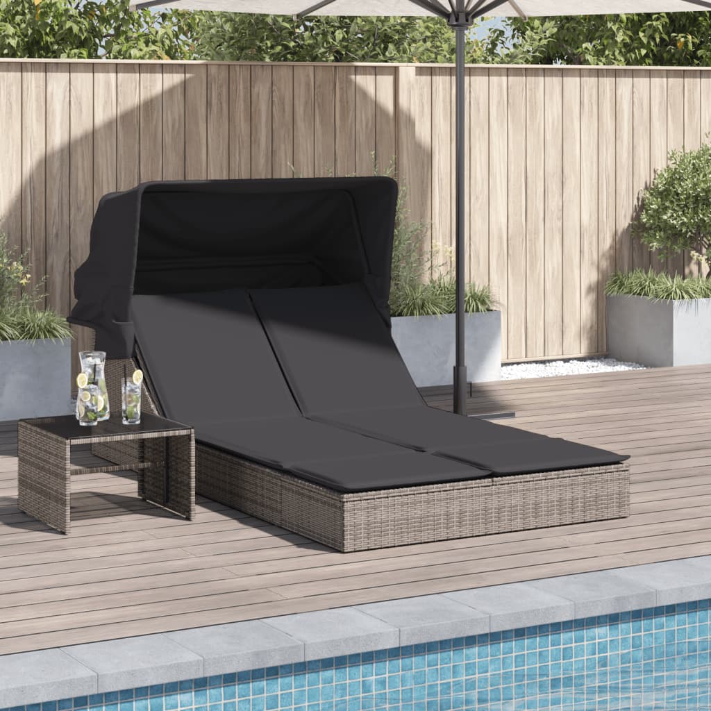 Doppel-Sonnenliege mit Dach und Auflagen Braun Poly Rattan