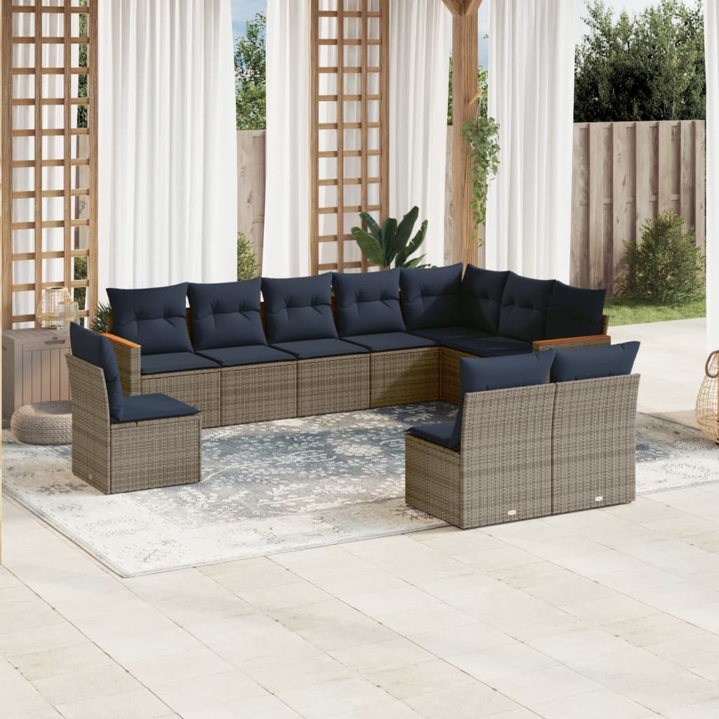 10-teiliges Gartensofa-Set mit Kissen, schwarzes Polyrattan