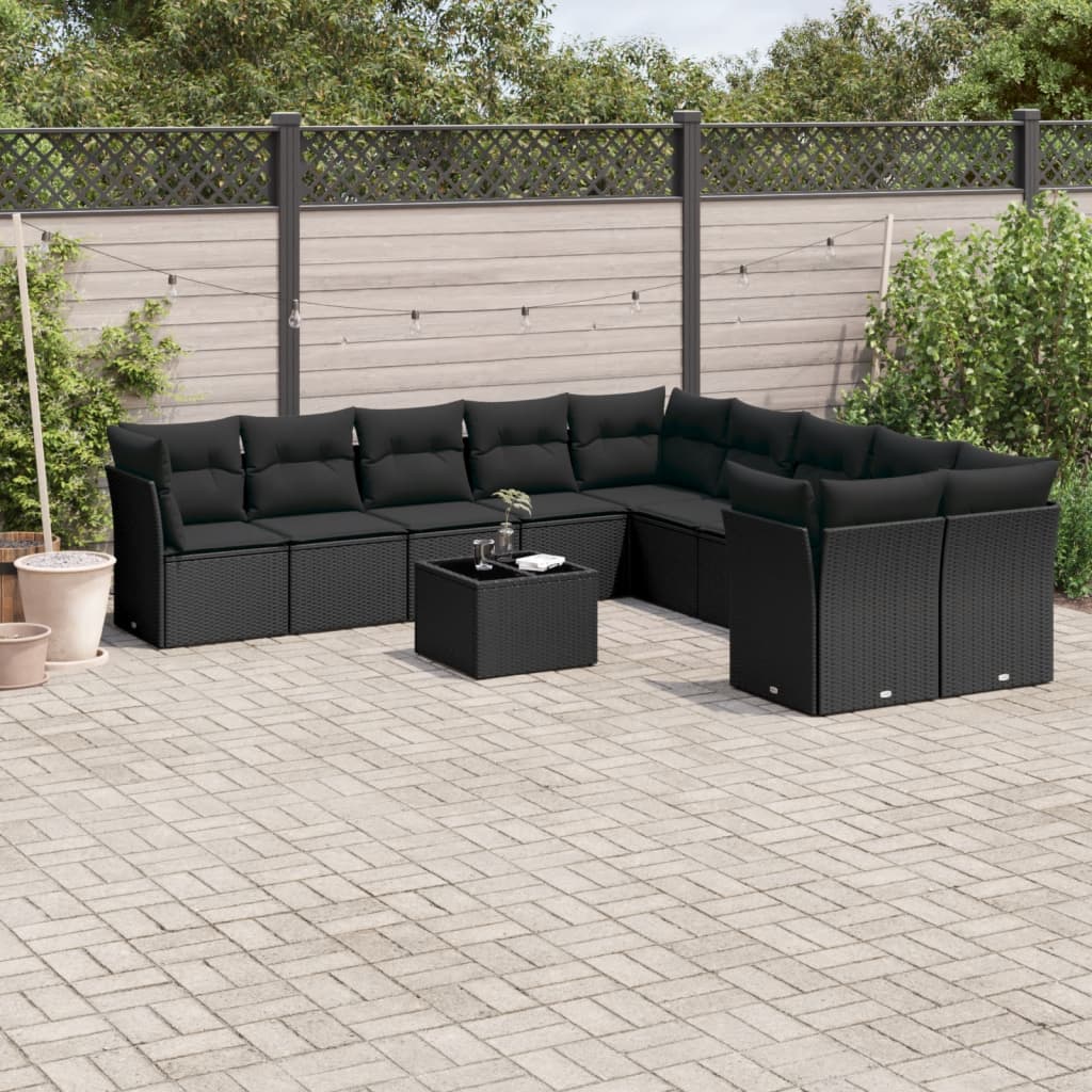 10-tlg. Garten-Sofagarnitur mit Kissen Schwarz Poly Rattan