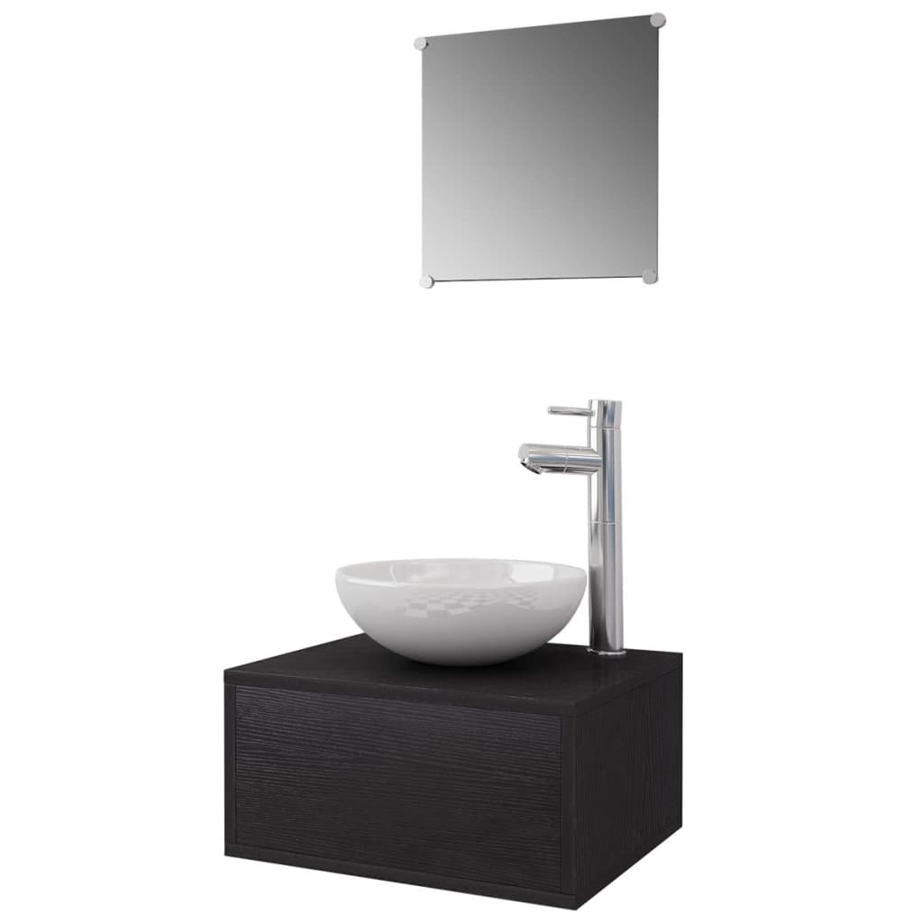 11-tlg. Badmöbel-Set mit Waschbecken und Wasserhahn Schwarz
