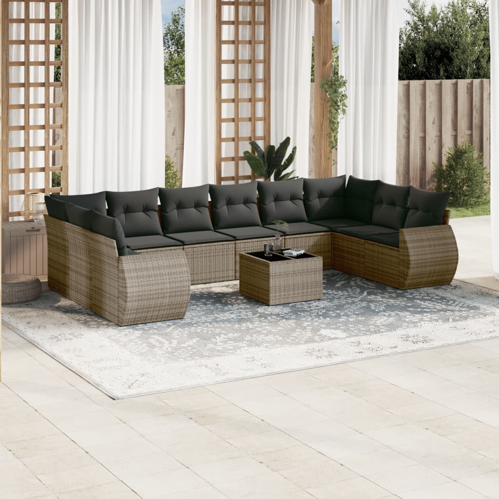 10-tlg. Garten-Sofagarnitur mit Kissen Schwarz Poly Rattan