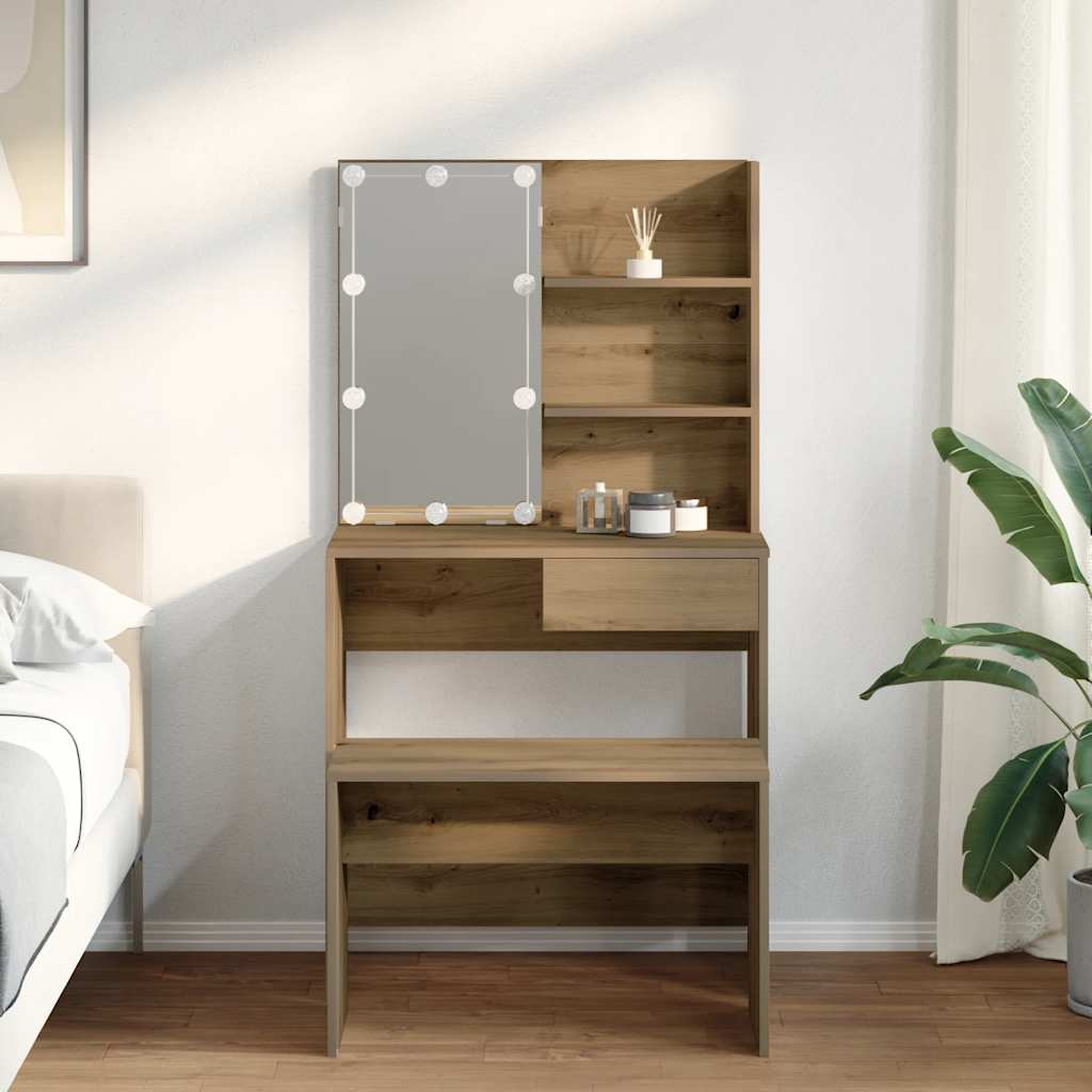 Schminktisch-Set mit LED Weiß Holzwerkstoff