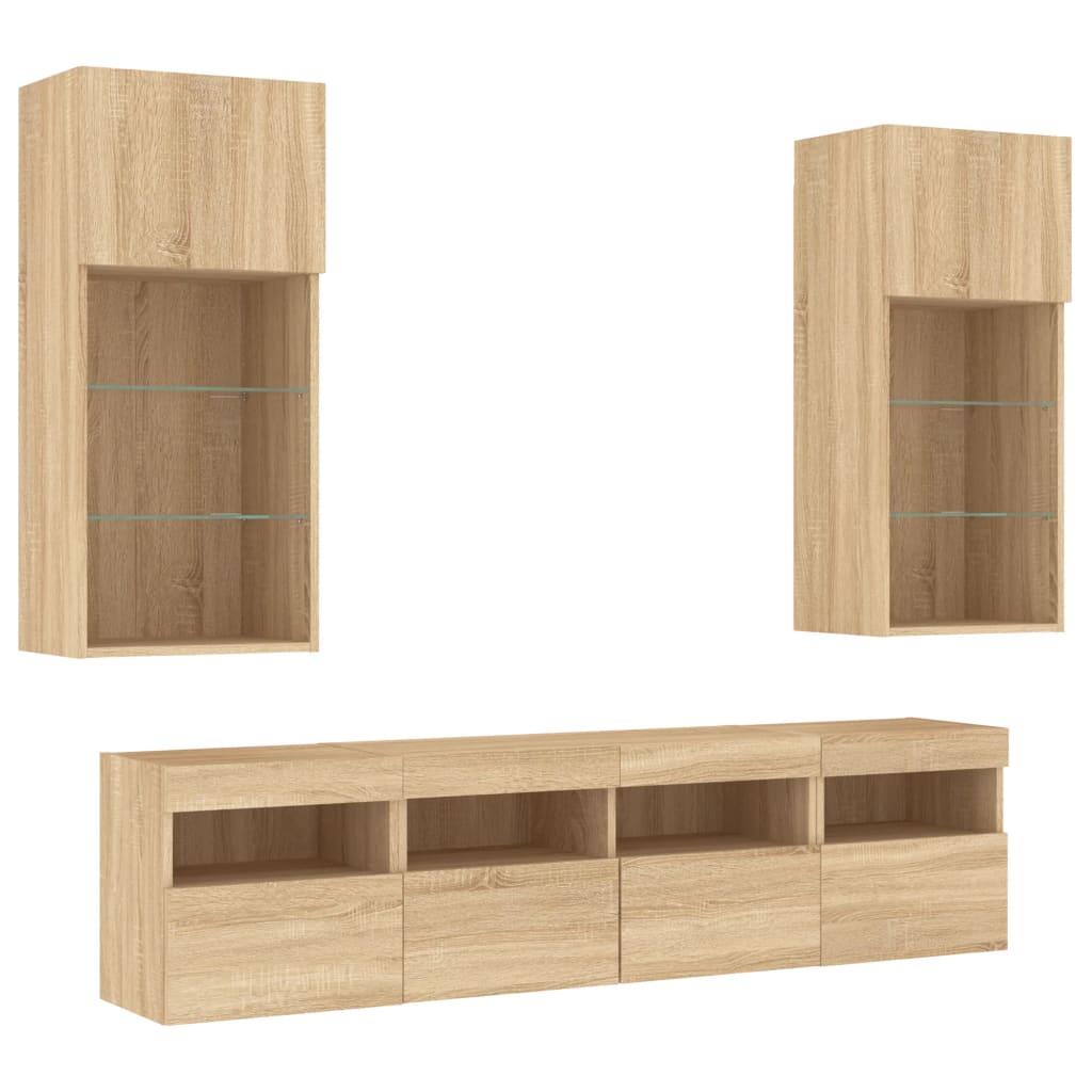 5-tlg. Wohnwand mit LED-Beleuchtung Weiß Holzwerkstoff