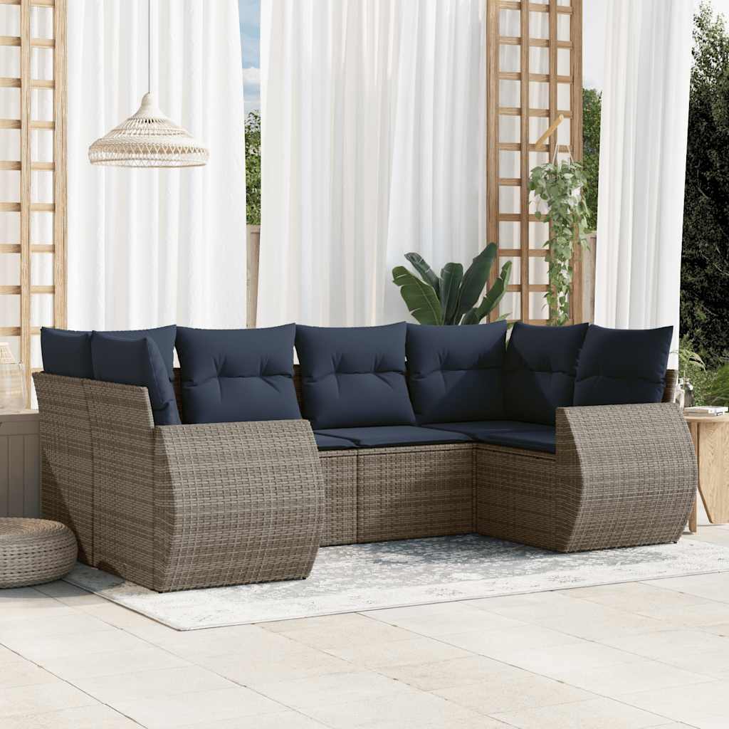 6-teiliges Gartensofa-Set mit Kissen, schwarzes Polyrattan