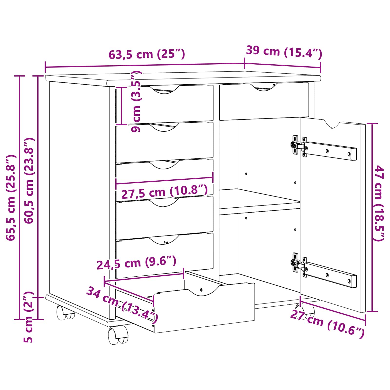 Rollschrank Honigbraun 63,5 x 39 x 65,5 cm Massivholz Kiefer