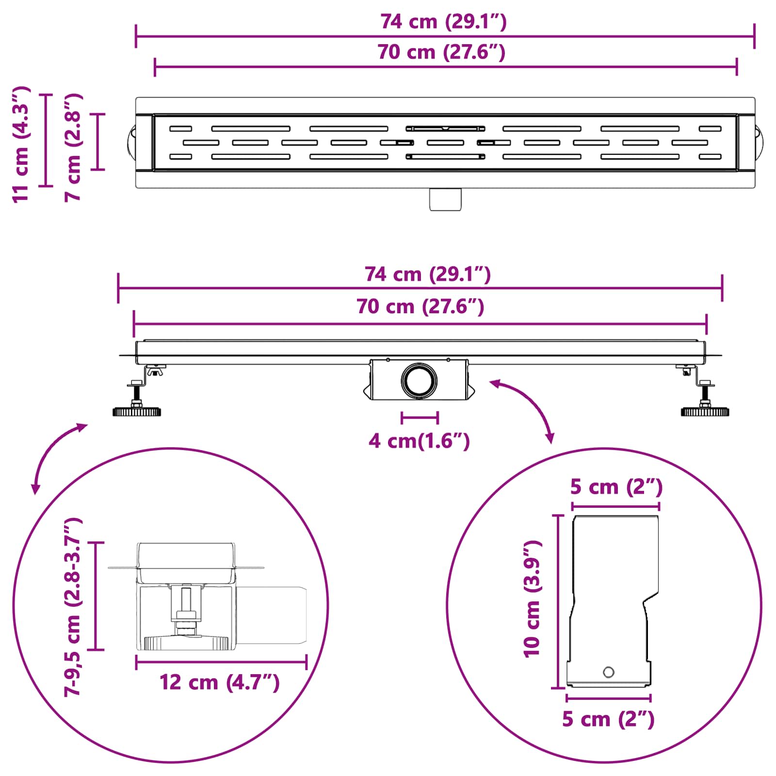 Duschabfluss mit Glasabdeckung Schwarz 50 cm Edelstahl 304