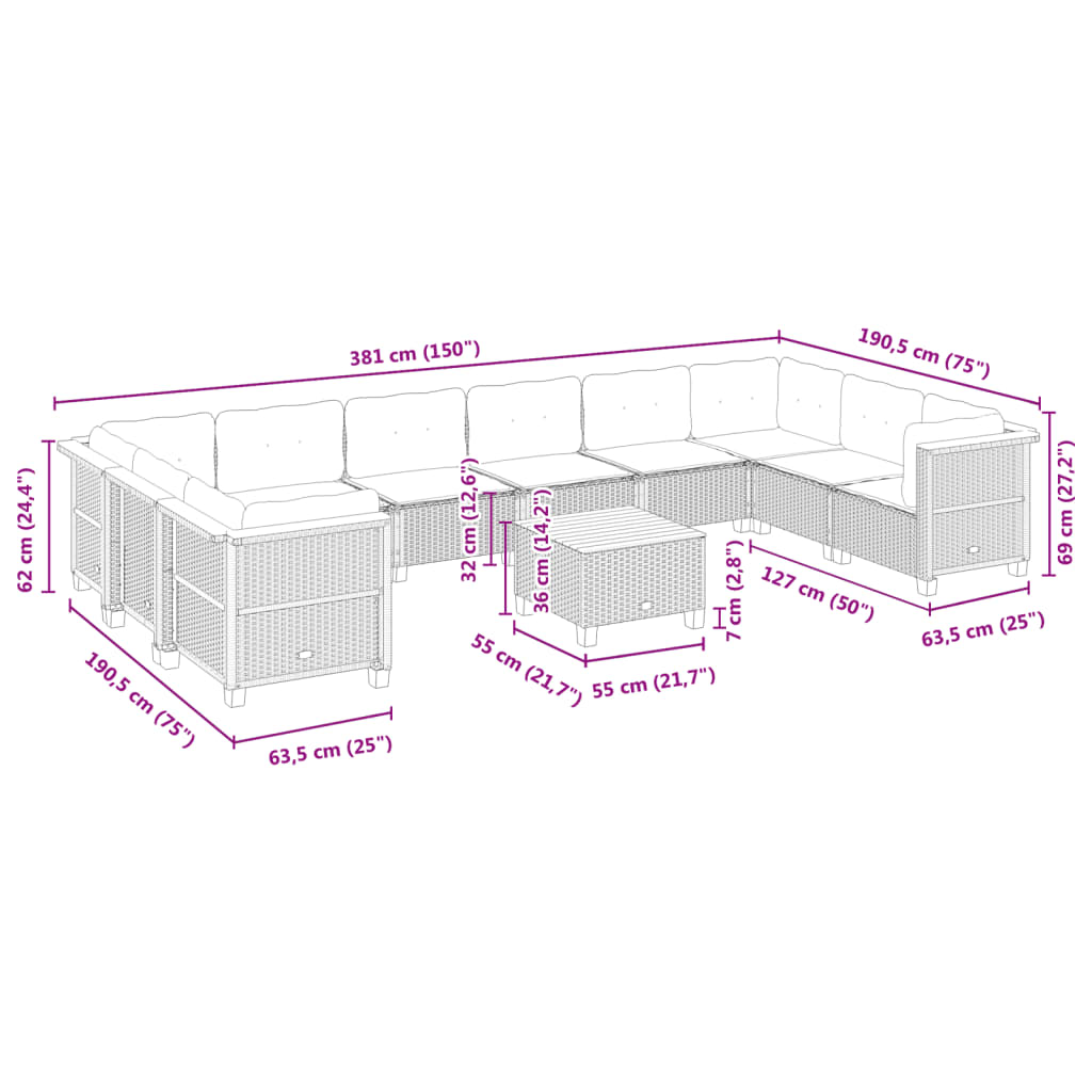 10-tlg. Garten-Sofagarnitur mit Kissen Beige Poly Rattan