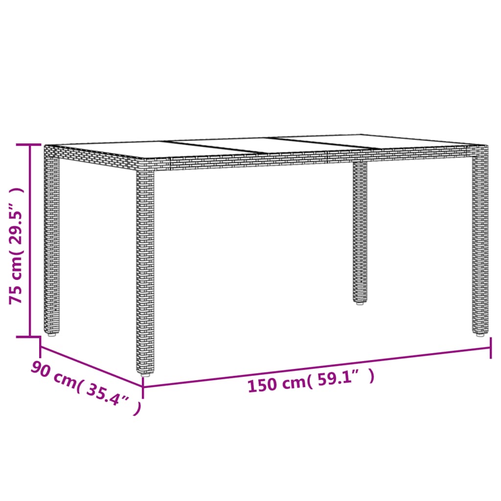 Gartentisch 150x90x75 cm Hartglas und Poly Rattan Schwarz