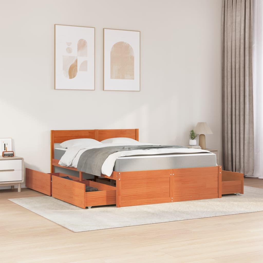 Bett mit Schubladen und Matratze 200x200 cm Massivholz Kiefer