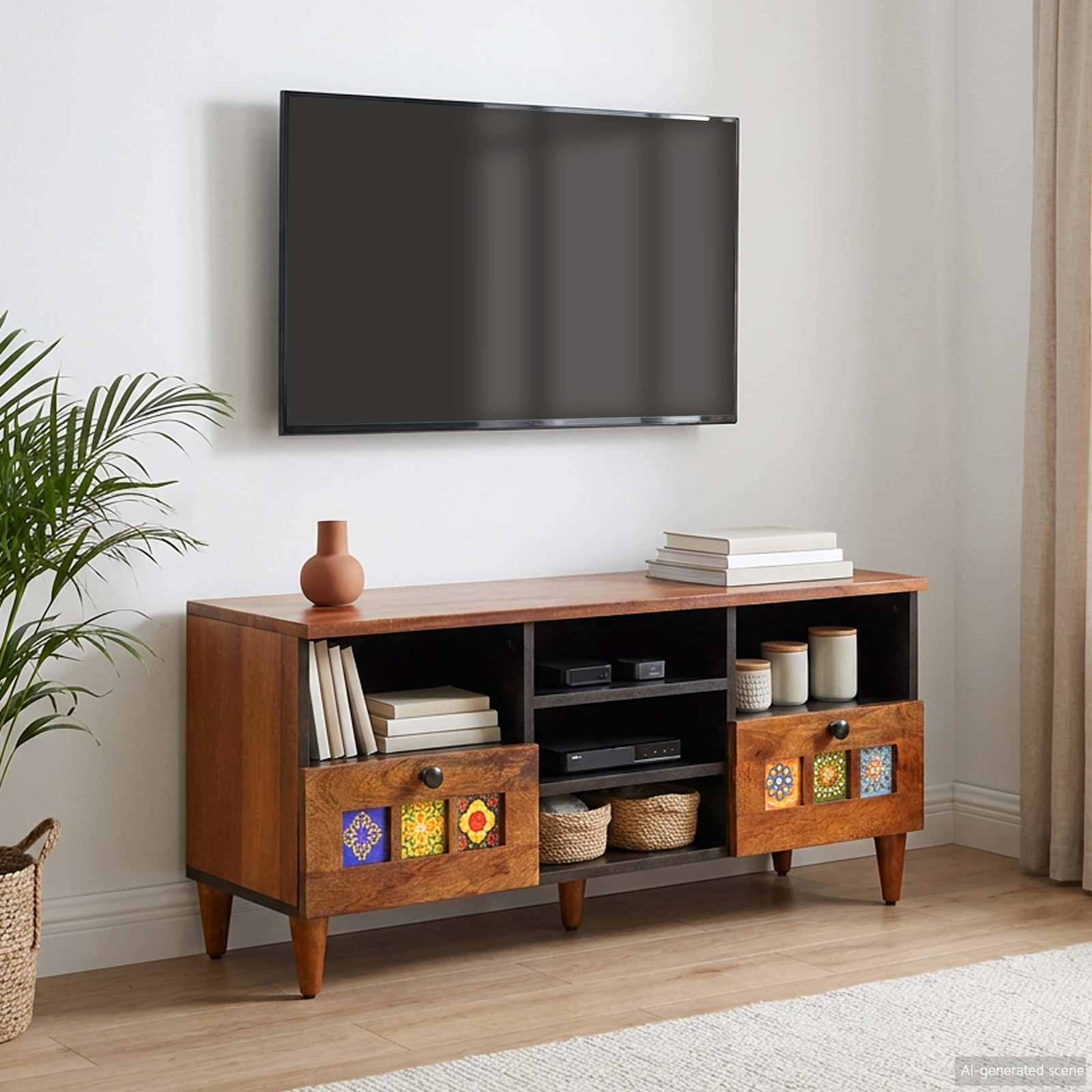 TV-Schränk mit Regal Walnuss 100 x 33 x 46 cm Massivholz Mango