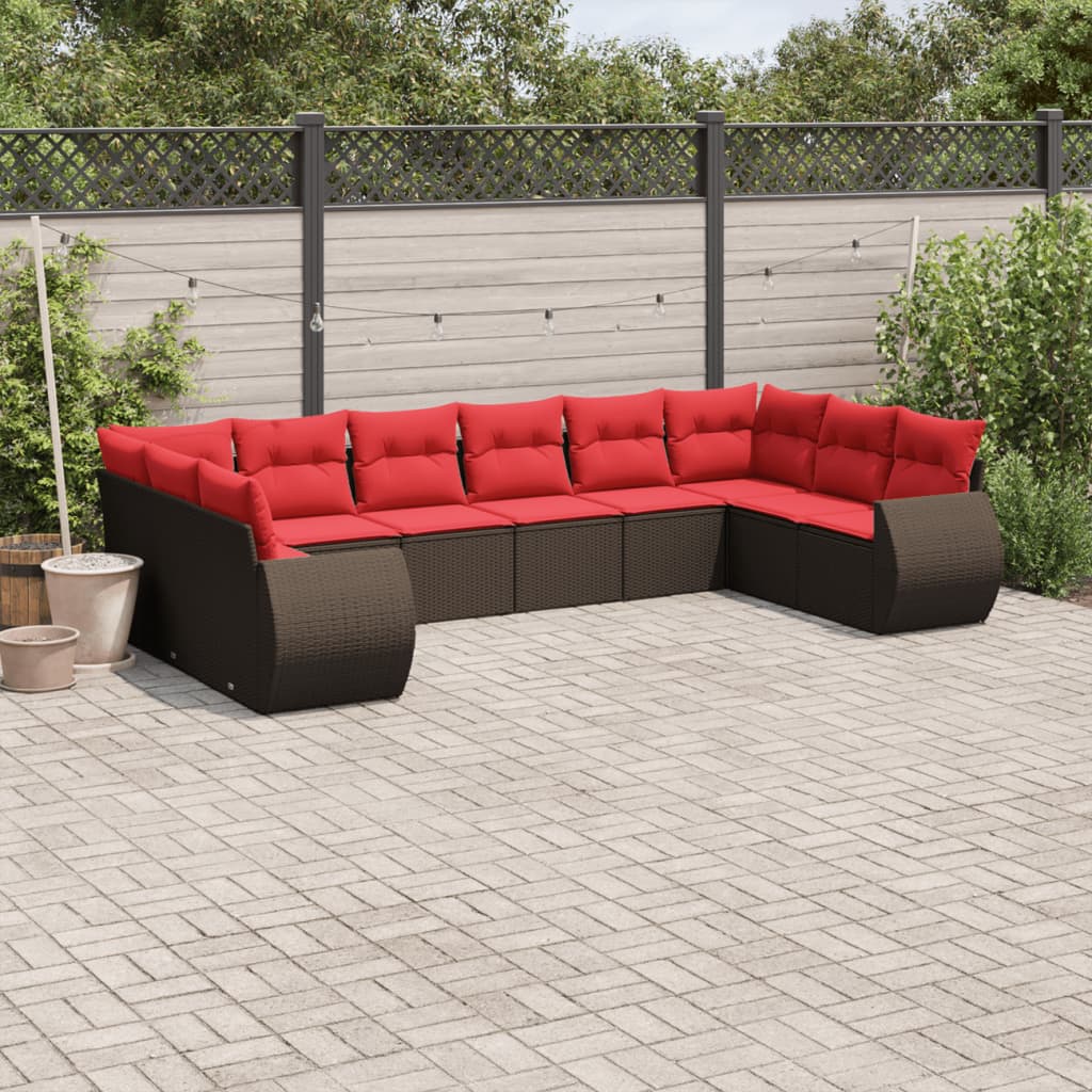 10-teiliges Gartensofa-Set mit Kissen, schwarzes Polyrattan