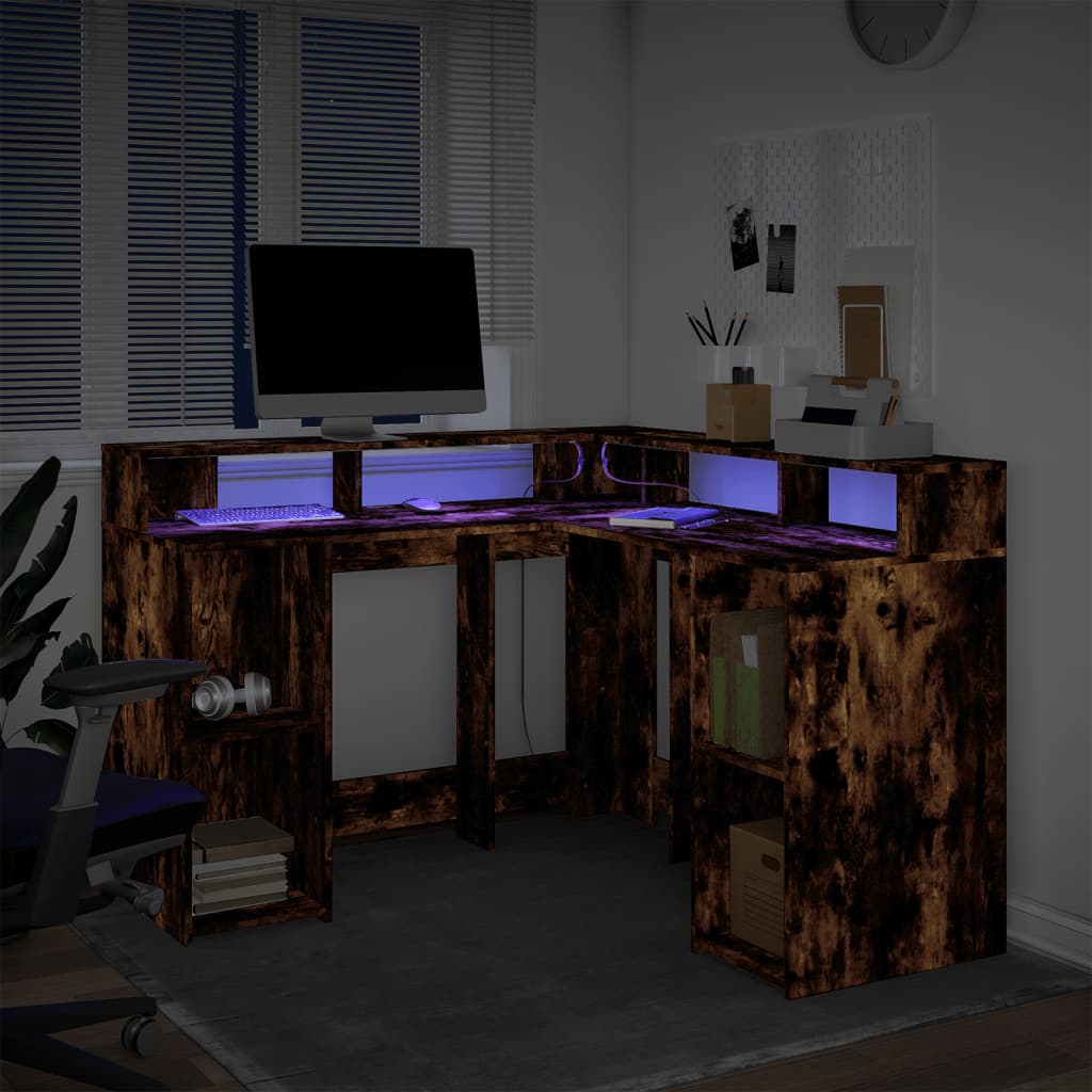 LED-Schreibtisch Weiß 130x130x91 cm Holzwerkstoff