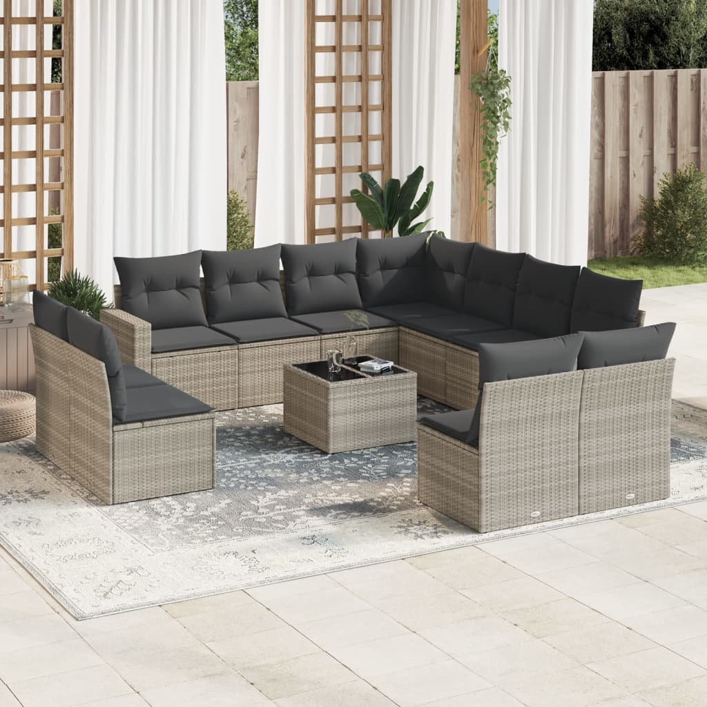 11-tlg. Garten-Sofagarnitur mit Kissen Schwarz Poly Rattan