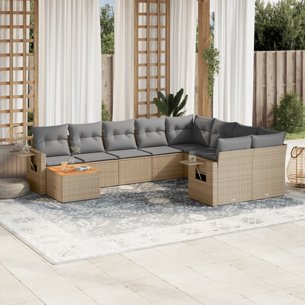 10-tlg. Garten-Sofagarnitur mit Kissen Schwarz Poly Rattan