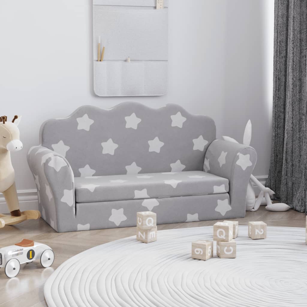 Kindersofa Hellgrau mit Sternen Weich Plüsch