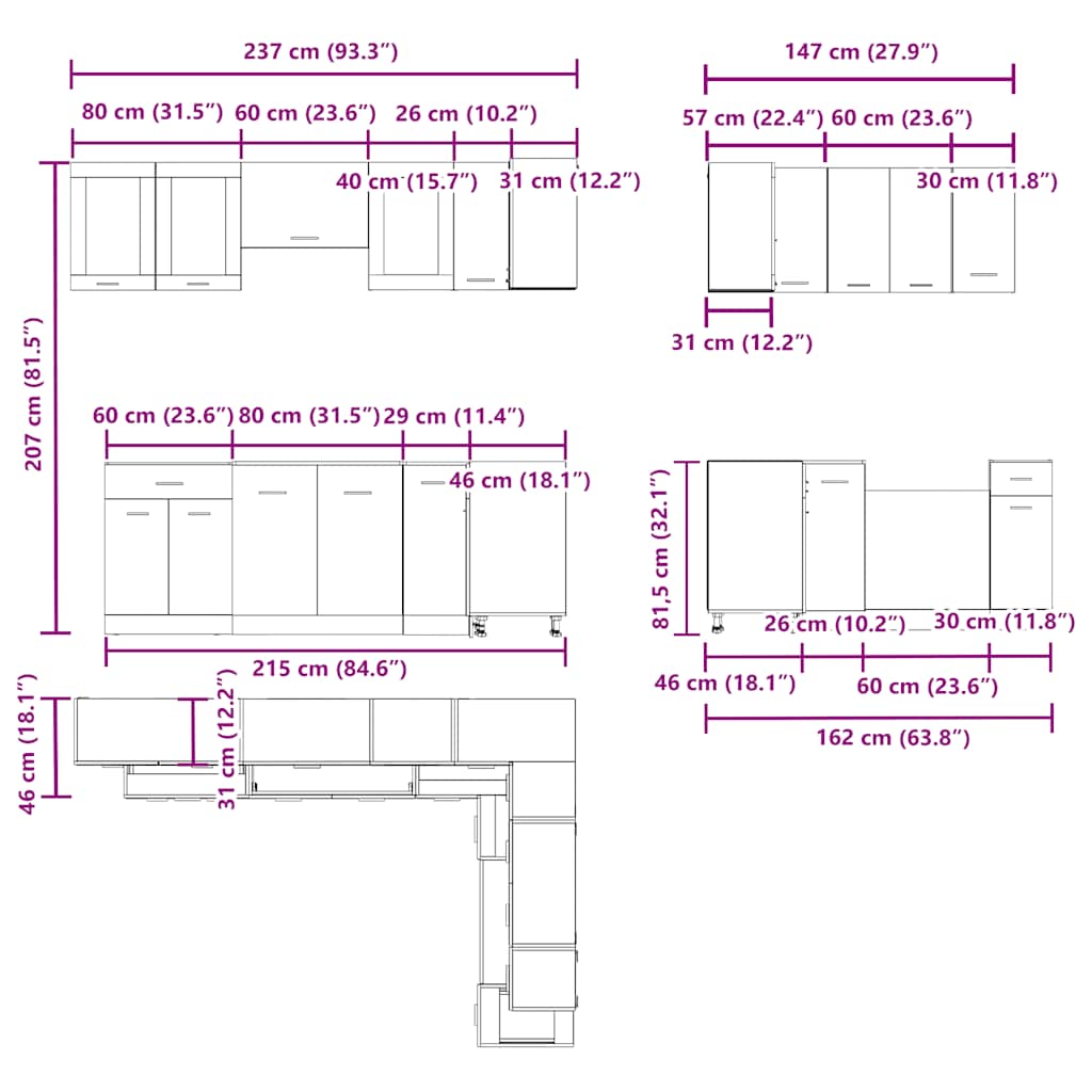 11-tlg. Küchenzeile Lyon Weiß Holzwerkstoff