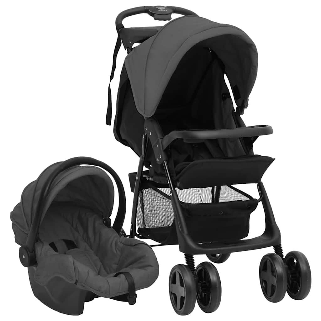 2-in-1 Kinderwagen Hellgrau und Schwarz Stahl
