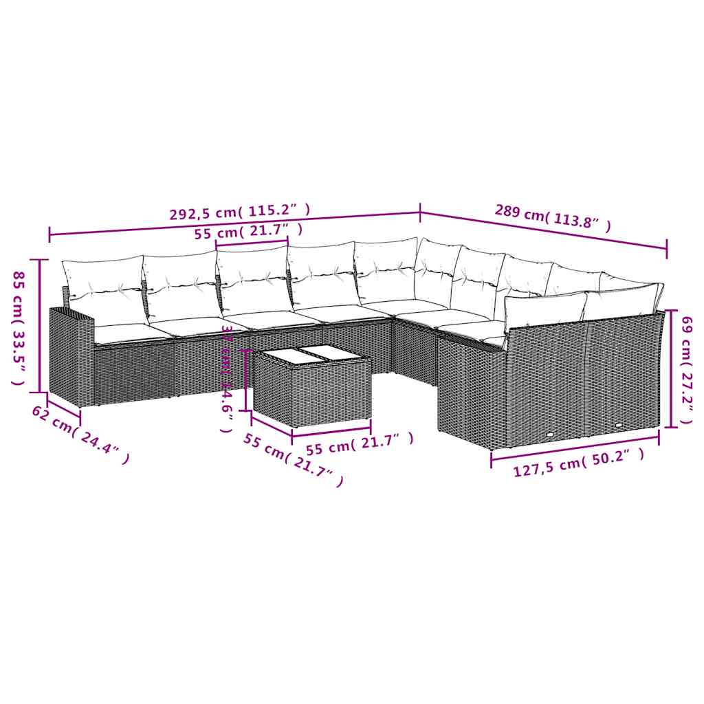 10-tlg. Garten-Sofagarnitur mit Kissen Schwarz Poly Rattan