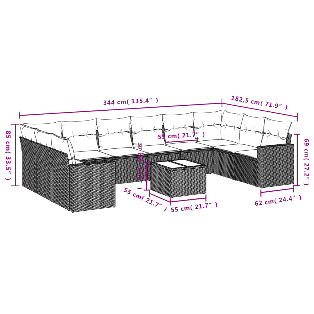 10-tlg. Garten-Sofagarnitur mit Kissen Schwarz Poly Rattan