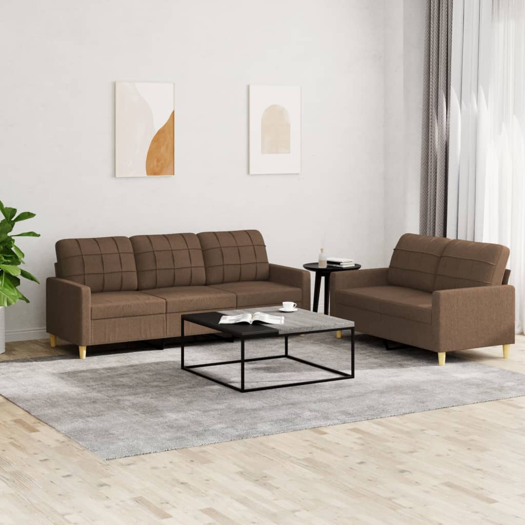 3-tlg. Sofagarnitur mit Kissen Braun Stoff