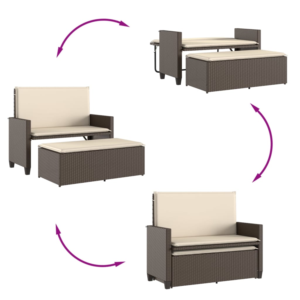 Gartenbank mit Kissen und Hocker Schwarz Poly Rattan