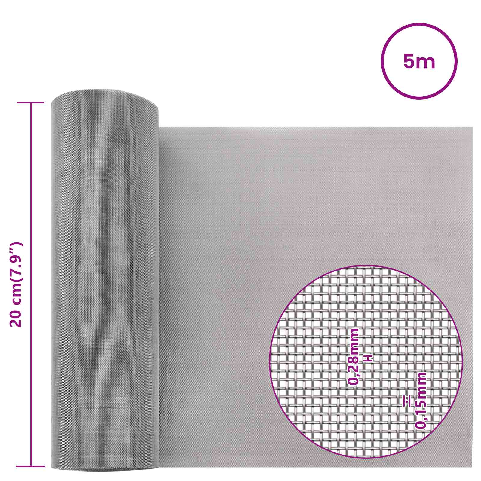 Mesh Bildschirm 20 x 500 cm 20 Mesh Edelstahl 201 Silber
