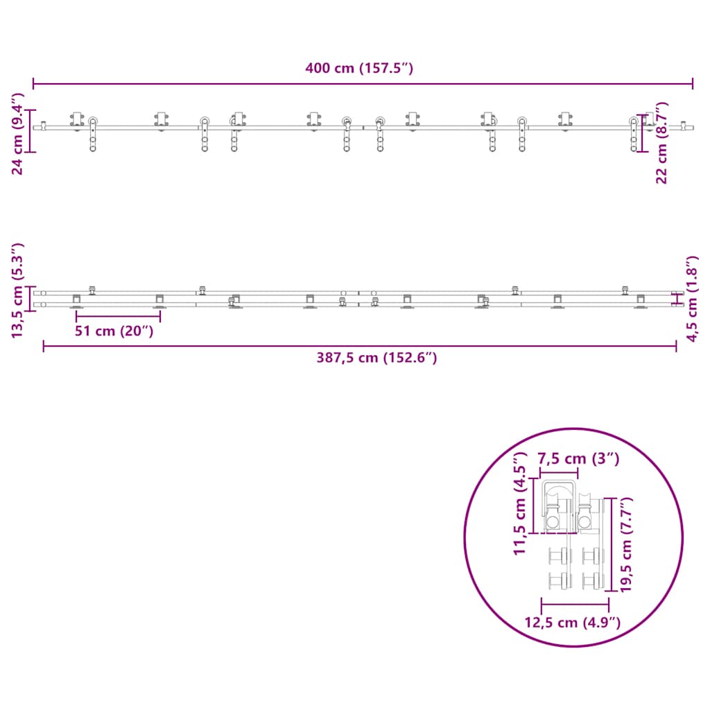 Schiebetür-Beschlagsatz 200 cm Edelstahl Silbern