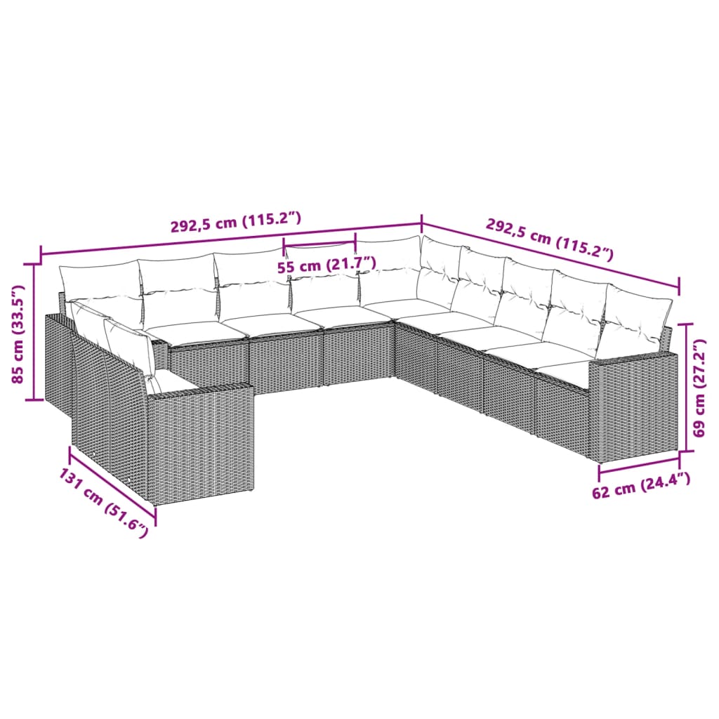 11-tlg. Garten-Sofagarnitur mit Kissen Schwarz Poly Rattan
