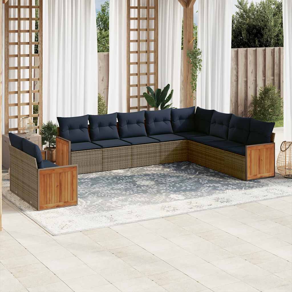 10-teiliges Gartensofa-Set mit Kissen, schwarzes Polyrattan