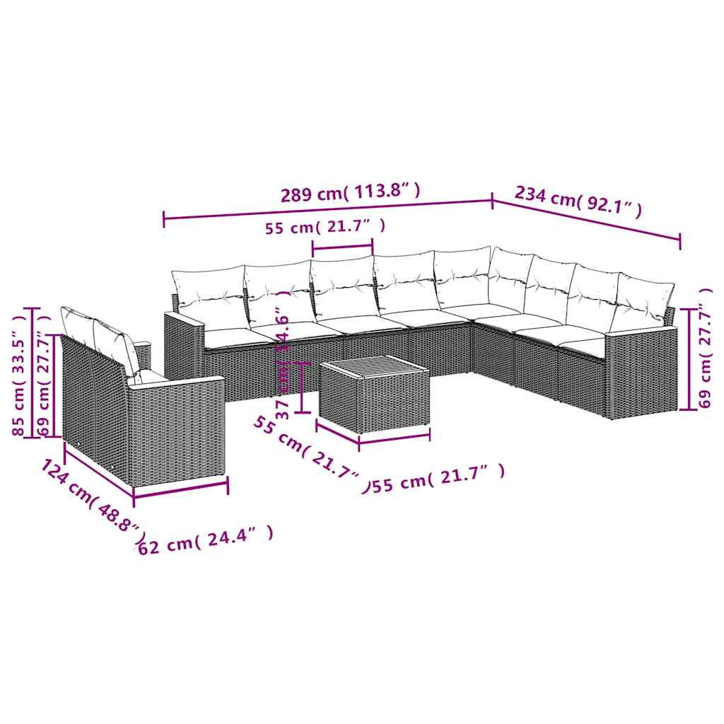10-tlg. Garten-Sofagarnitur mit Kissen Schwarz Poly Rattan