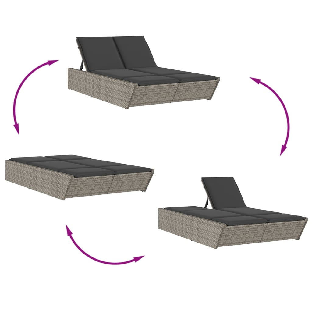 Doppel-Sonnenliege mit Kissen Schwarz Poly Rattan