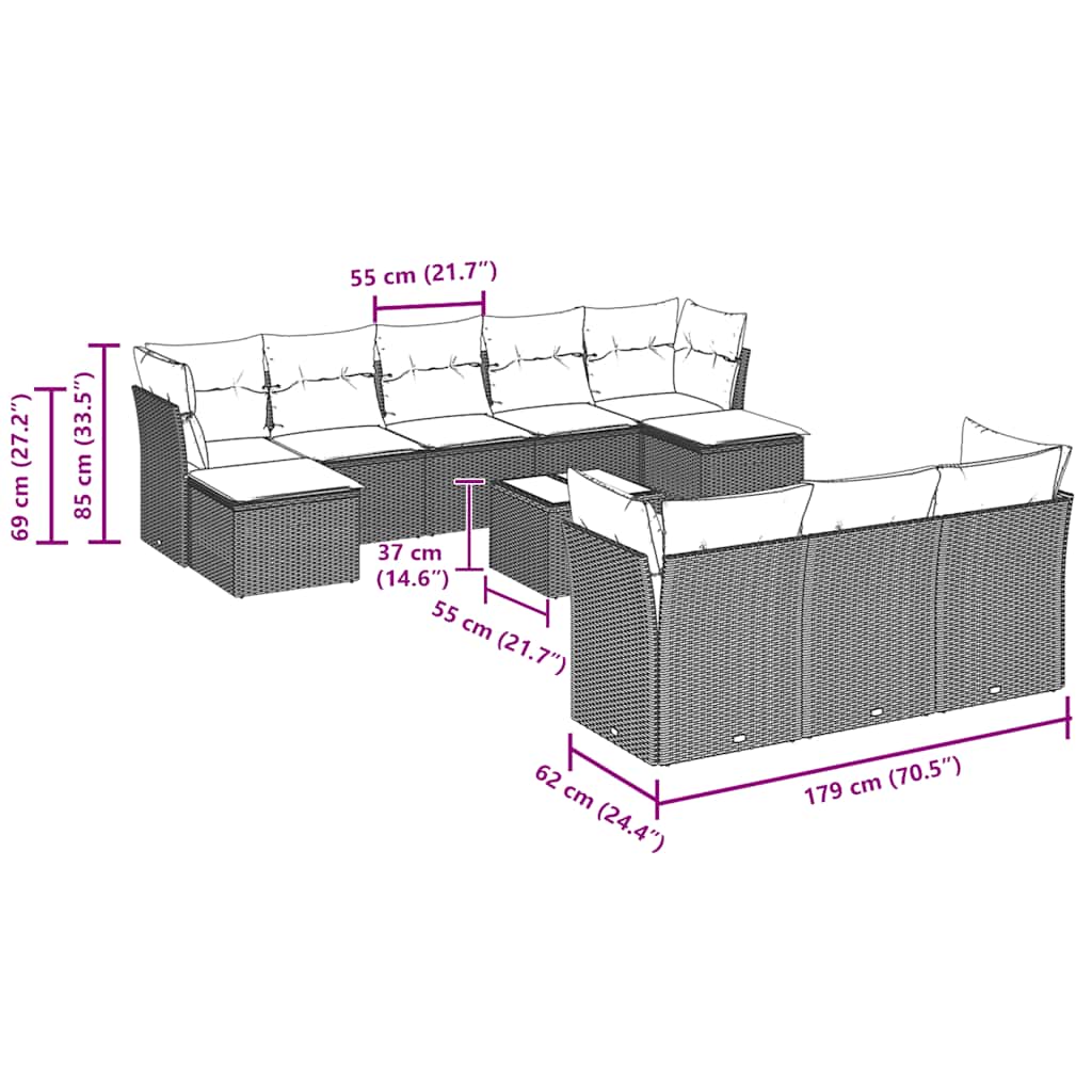 10-tlg. Garten-Sofagarnitur mit Kissen Schwarz Poly Rattan
