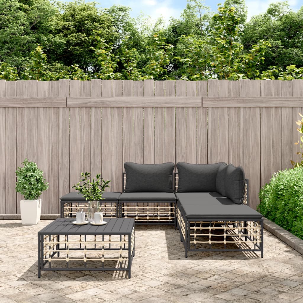5-tlg. Garten-Lounge-Set mit Kissen Anthrazit Poly Rattan