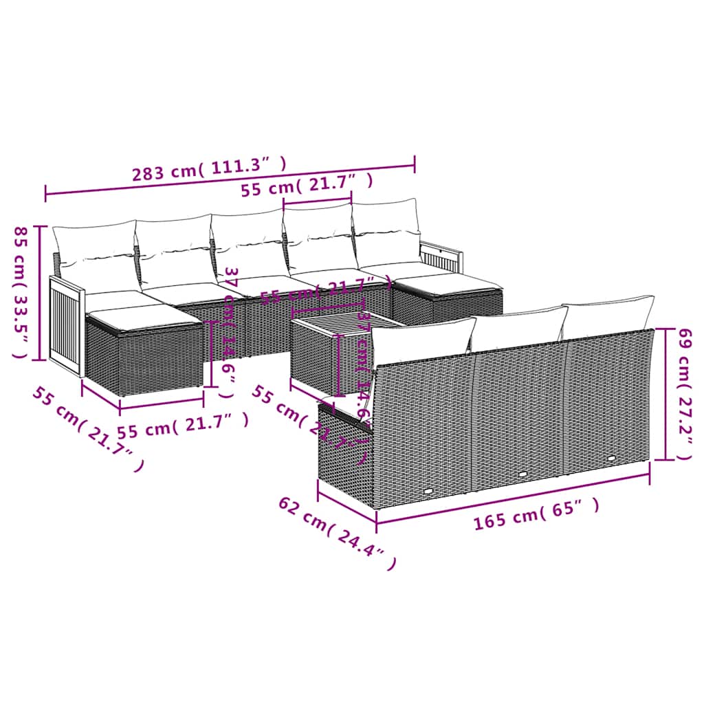10-teiliges Gartensofa-Set mit Kissen, schwarzes Polyrattan